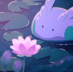 blurry blurry_foreground closed_mouth flower gen_6_pokemon goomy lily_pad nintendo no_humans numera_goomy partially_submerged pink_flower pokemon pokemon_(creature) solid_oval_eyes solo water water_lily_flower