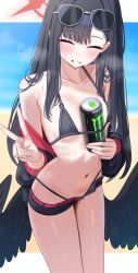 1girl absurdres bikini bikini_under_shorts black_bikini black_hair black_jacket black_shorts black_wings blue_archive blush breasts can closed_eyes commentary_request day drink drink_can energy_drink eyewear_on_head facing_viewer feathered_wings grin halo highres holding holding_can holding_drink ichika_(blue_archive) ichika_(swimsuit)_(blue_archive) jacket long_hair low_wings mizikayo monster_energy navel o-ring o-ring_bikini o-ring_top ocean official_alternate_costume open_clothes open_shorts outdoors red_halo shorts small_breasts smile solo standing sunglasses sweat swimsuit teeth v wings