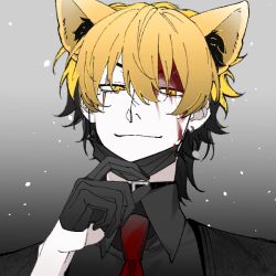 Rule 34 | 1boy, alternate costume, animal ears, bishounen, black gloves, black hair, black shirt, blonde hair, blood, blood on face, chinese commentary, closed mouth, collared shirt, earrings, extra ears, fox boy, fox ears, gloves, gradient background, grey background, hair between eyes, half gloves, jewelry, kemonomimi mode, looking at viewer, male focus, mask, mask pull, multicolored hair, necktie, portrait, red necktie, shiguang dailiren, shirt, short hair, smile, solo, upper body, xia fei, yellow eyes, yonghu7731701151