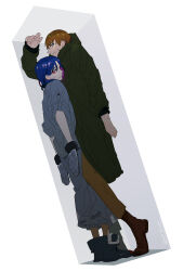 Rule 34 | 2boys, blue hair, box, brown hair, coat, colored inner hair, cramped, full body, gloves, green eyes, gundam, gundam gquuuuuux, highres, in box, in container, kinkokin (haikinkinhai), lower eyelashes only, male focus, mole, mole under mouth, multicolored hair, multiple boys, pants, purple hair, red eyes, shirt, short hair, shuji ito, standing, stuck, stuck in a box, sweatdrop, trapped, two-tone hair, white shirt, xavier olivette