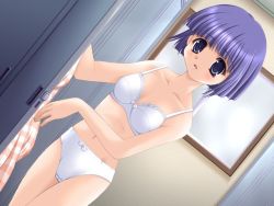 Rule 34 | 1girl, blue eyes, blue hair, bob cut, bow, bow bra, bow panties, bra, dressing, dutch angle, female focus, game cg, hagure keg, lace, lace-trimmed bra, lace trim, lingerie, locker, locker room, matching hair/eyes, miyamae mirai, panties, short hair, solo, standing, trois, underwear, underwear only, white bra, white panties