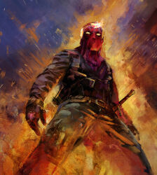 1boy absurdres baron_zemo belt black_jacket bulletproof_vest captain_america_(series) coat dress fur-trimmed_coat fur_trim gloves grey_coat highres jacket long_sleeves male_focus marvel marvel_cinematic_universe marvel_snap multicolored_dress no_mouth official_art open_clothes open_coat pink_mask scabbard sheath sheathed shirt striped_hat sword the_falcon_and_the_winter_soldier upper_body vest viktor_farro weapon