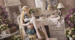 1girl absurdly_long_hair absurdres arknights barefoot black_skirt blonde_hair blue_eyes blue_hairband braid cameo chair clock cup desk dragon_horns drawing_(object) drinking_glass dutch_angle earrings flower food fork grandfather_clock hair_between_eyes hair_spread_out hairband highres horns indoors jewelry knee_up lamp lampshade ling_dianxia long_hair looking_at_viewer mirror mudrock_(arknights) mudrock_(silent_night)_(arknights) phonograph picture_frame pink_flower plate pointy_ears pudding saileach_(arknights) shirt side_braids sitting skirt sleeveless sleeveless_shirt solo thighhighs toeless_legwear vase very_long_hair wallpaper_(object) white_flower white_shirt white_thighhighs wine_glass zzz