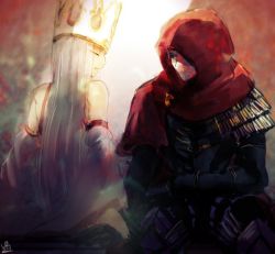 armor ayamatazu bad_id bad_twitter_id bandages bare_shoulders cloak closed_eyes crown dress_of_heaven emiya_kiritsugu emiya_kiritsugu_(assassin) fate/grand_order fate/zero fate_(series) hood hooded_cloak irisviel_von_einzbern irisviel_von_einzbern_(caster) long_hair white_hair