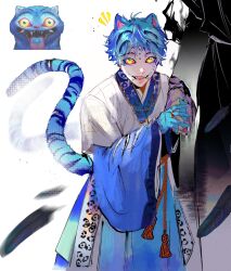 1boy ajksama animal_ears aqua_hair colored_sclera cowboy_shot curly_hair derpy_(kpop_demon_hunters) facial_tattoo fangs hanbok highres humanization korean_clothes kpop_demon_hunters male_focus multicolored_hair open_mouth red_sclera short_hair simple_background slit_pupils smile tail tattoo teeth tiger_boy tiger_ears tiger_tail two-tone_hair white_background white_hanbok yellow_eyes