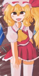 Rule 34 | 1girl, absurdres, ascot, blonde hair, blush, bomb, collared shirt, commentary, cowboy shot, english commentary, explosive, fangs, flandre scarlet, flashbang, frilled shirt collar, frilled skirt, frills, hair between eyes, hat, highres, iesonatana, long hair, looking at viewer, meme, mob cap, open mouth, pipe bomb, puffy short sleeves, puffy sleeves, red arrow and circle (meme), red eyes, red skirt, red vest, shirt, short sleeves, side ponytail, skirt, skirt set, smile, solo, standing, teeth, thighhighs, touhou, upper teeth only, vest, white hat, white shirt, white thighhighs, yellow ascot