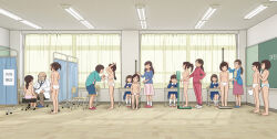 1boy 6+girls breasts classroom curtains doctor highres indoors kiyo_(kyokyo1220) medical_examination multiple_girls nipples original panties stadiometer standing stethoscope tape_measure teacher topless_female underwear weighing_scale white_panties