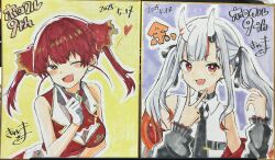 Rule 34 | 2girls, :d, ;d, bare shoulders, black jacket, black necktie, black ribbon, blush, breasts, brown leotard, collared shirt, commentary request, dated, dress, fang, gloves, grey hair, hair ribbon, heart, highres, hololive, horns, houshou marine, houshou marine (1st costume), jacket, kiritoma, large breasts, leotard, leotard under clothes, long hair, long sleeves, looking at viewer, multicolored hair, multiple girls, nakiri ayame, nakiri ayame (streetwear), necktie, off shoulder, one eye closed, oni, open clothes, open jacket, open mouth, outline, photo (medium), puffy long sleeves, puffy sleeves, red eyes, red hair, red jacket, red ribbon, red skirt, ribbon, shirt, signature, skirt, sleeveless, sleeveless dress, sleeveless jacket, smile, traditional media, translation request, twintails, two-tone hair, upper body, very long hair, virtual youtuber, white gloves, white outline, white shirt, yellow eyes
