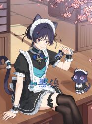 1boy 1other alternate_costume animal_ears apron black_dress black_hair black_thighhighs blunt_ends cat_boy cat_ears cat_tail cherry_blossoms closed_mouth dress enmaided frilled_apron frills genshin_impact hair_between_eyes hair_ornament hairclip hei_lang highres maid maid_apron maid_headdress male_focus puffy_sleeves purple_eyes scaramouche_(cat)_(genshin_impact) scaramouche_(genshin_impact) short_hair smile tail thighhighs trap waist_apron white_apron