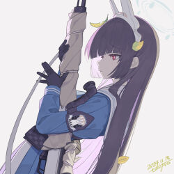 Rule 34 | absurdres, black gloves, black hair, blue archive, blue shirt, blunt bangs, bolt action, bright pupils, dated, dutch angle, gloves, grey halo, gun, halo, headset, highres, holding, holding gun, holding weapon, leaf, leaf on head, long hair, miyu (blue archive), mosin-nagant, rabbit platoon (blue archive), red eyes, rifle, school uniform, serafuku, shirt, signature, simple background, straight hair, weapon, white background, white pupils, white serafuku, yodaka