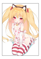 Rule 34 | 1girl, animal ears, apron, bell, blonde hair, blush, cat ears, choker, elbow gloves, fake animal ears, flat chest, gloves, irotoridori no sekai, long hair, naked apron, neck bell, nikaidou shinku, nipples, open mouth, red eyes, seiza, sitting, solo, striped clothes, striped thighhighs, takakura, thighhighs, two side up