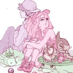 Rule 34 | 1boy, 1girl, axew, backwards hat, baseball cap, boots, cherrim, cherrim (sunshine), closed eyes, deerling, deerling (summer), gen 2 pokemon, gen 3 pokemon, gen 4 pokemon, gen 5 pokemon, hat, highres, hilbert (pokemon), hilda (pokemon), hoothoot, lace-up boots, lotad, nintendo, pastel colors, pokemon, pokemon (creature), pokemon bw, sitting, sketch, syertse