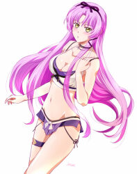 Rule 34 | 1girl, artist name, bikini, bikini skirt, blush, bow, breasts, cleavage, collarbone, curtained hair, eiyuu densetsu, floating hair, hair bow, hairband, kuro no kiseki (series), long hair, long sidelocks, looking at viewer, medium breasts, navel, parted bangs, purple bow, purple hair, renne (eiyuu densetsu), sidelocks, simple background, solo, stomach, swimsuit, white background, xiacheng tatsuya, yellow eyes