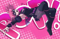 1girl artist_name black_boots black_gloves black_leotard black_ribbon black_skirt black_wings boku_no_hero_academia boots breasts bridal_gauntlets character_name cleavage_cutout clothing_cutout commentary demon_wings domino_mask earrings elbow_gloves english_commentary floating frilled_skirt frills gloves grey_pantyhose hair_ribbon haneyama_kazuho jewelry ji_sung leotard low_wings mask medium_hair microskirt open_mouth pantyhose pink_background pink_eyes pink_hair ribbon signature skirt small_breasts smile solo text_background thigh_boots twintails v vigilante_-boku_no_hero_academia:_illegals- wings