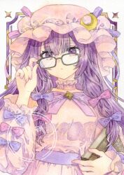 Rule 34 | 1girl, absurdres, adjusting eyewear, alternate costume, bespectacled, black-framed eyewear, book, bow, breasts, closed mouth, commentary, crescent, crescent hat ornament, dress, glasses, hair bow, hat, hat ornament, highres, holding, holding book, kisarush, long hair, long sleeves, looking at viewer, mob cap, multiple hair bows, painting (medium), patchouli knowledge, pink bow, pink dress, pink hat, purple bow, purple eyes, purple hair, solo, symbol-only commentary, touhou, traditional media, very long hair, watercolor (medium), watermark