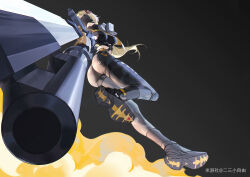 Rule 34 | 1girl, absurdres, aiming, aiming at viewer, ass, black pants, black shrug, blindfold, blonde hair, camouflage, camouflage pants, covered eyes, deliaoqingquedebing sty, eye mask, full body, gun, hair ornament, highres, holding, holding gun, holding weapon, leg up, long hair, pants, rifle, shrug (clothing), smile, sniper rifle, tight clothes, tight pants, triangle hair ornament, trigger (zenless zone zero), weapon, zenless zone zero