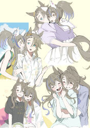 2girls :d ^_^ absurdres animal_ears aqua_eyes arms_around_neck arms_around_waist blue_hair blue_sky blush book brown_eyes brown_hair brown_tail closed_eyes collared_shirt commentary_request couple daitaku_helios_(umamusume) dress_shirt ear_covers ear_ornament excited floral_print front-to-back happy heads_together highres holding_another&#039;s_arm horse_ears horse_girl horse_tail hug hug_from_behind kihana_(kiha) long_hair looking_at_another mejiro_palmer_(umamusume) multicolored_hair multiple_girls mutual_hug open_mouth outdoors pleated_skirt ponytail puffy_short_sleeves puffy_sleeves purple_shirt sailor_collar sailor_shirt school_uniform shirt short_sleeves skirt sky smile streaked_hair summer_uniform t-shirt tail tail_wrap tracen_school_uniform umamusume white_sailor_collar white_shirt white_skirt yellow_background yuri