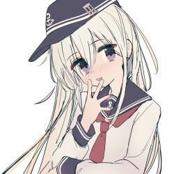 1girl alternate_eye_color anchor_symbol blue_hat blue_sailor_collar flat_cap hair_between_eyes hat hat_pin hibiki_(kancolle) highres kantai_collection long_hair long_sidelocks long_sleeves looking_at_viewer neckerchief purple_eyes red_neckerchief sailor_collar sidelocks simple_background sketch solo tetuw tongue tongue_out upper_body white_background white_hair