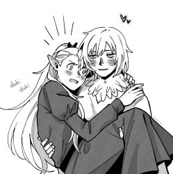 2girls arms_around_neck blush carrying commentary couple dress dungeon_meshi ear_blush elf english_commentary falin_touden falin_touden_(chimera) greyscale hand_on_another&#039;s_back hand_on_another&#039;s_leg heart highres juliet_sleeves kkxuroky long_dress long_hair long_sleeves marcille_donato monochrome multiple_girls nose_blush pointy_ears ponytail princess_carry puffy_sleeves short_hair simple_background sound_effects standing white_background yuri
