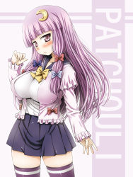 1girl alternate_costume aru_ra_une blush breasts contemporary crescent crescent_hair_ornament female_focus hair_ornament highres impossible_clothes impossible_shirt large_breasts long_hair miniskirt patchouli_knowledge perky_breasts purple_eyes purple_hair shirt skirt solo thighhighs touhou zettai_ryouiki