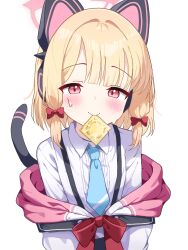 1girl animal_ear_headphones animal_ears blonde_hair blue_archive blue_necktie blush cardcat_00 commentary_request condom condom_in_mouth fake_animal_ears halo headphones highres jacket korean_commentary looking_at_viewer momoi_(blue_archive) mouth_hold necktie shirt simple_background solo tail white_background white_shirt