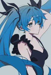 1girl absurdres arm_up bare_arms black_bow black_dress blue_hair blush bow breasts closed_mouth dress grey_background grey_eyes hair_between_eyes hair_bow hair_intakes hatsune_miku highres long_hair simple_background sketch sleeveless sleeveless_dress small_breasts solo strap_gap twintails upper_body very_long_hair vocaloid xmitsuna37887