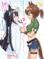 !? 2girls agnes_tachyon_(lunatic_lab)_(umamusume) agnes_tachyon_(umamusume) ahoge animal_ears bikini black_bikini black_hair brown_hair clothing_cutout commentary from_side green_jacket hat hat_on_back highres horse_ears horse_girl horse_tail jacket leather_wrist_straps long_hair manhattan_cafe_(tobasuze_hot_summer!)_(umamusume) manhattan_cafe_(umamusume) multiple_girls nochatea official_alternate_costume open_clothes open_shorts short_hair shorts spoken_interrobang sun_hat swimsuit tail tail_through_clothes tied_jacket torn_clothes torn_shorts tying umamusume white_hair white_hat yellow_eyes