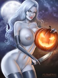1girl artist_log breasts carving chaos_comics cleavage colored_nipples colored_skin completely_nude curvy eye_contact eyeshadow female_focus flowerxl food fruit gloves grey_gloves grey_nipples grey_skin grey_socks grey_thong halloween holding holding_weapon huge_breasts jack-o&#039;-lantern knife lady_death lady_death_(character) large_areolae lipstick logo long_hair looking_at_another looking_at_viewer makeup mascara midriff moon navel night nude pumpkin pussy red_lips socks solo standing stomach thick_thighs thighhighs thighs thong weapon white_eyes