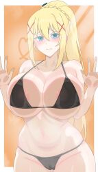 Rule 34 | 1girl, against glass, areola slip, blonde hair, blue eyes, blush, breast press, breasts, cameltoe, cleavage, darkness (konosuba), flustered, heart, highres, kono subarashii sekai ni shukufuku wo!, large breasts, legs, long hair, looking at viewer, navel, pink lips, ponytail, solo, thighs, very long hair