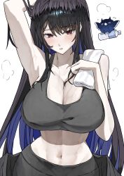1girl absurdres arm_above_head arm_over_head arm_up armpits asymmetrical_horns bare_shoulders black_feathers black_hair black_wings blue_hair bottle breasts cleavage collarbone colored_inner_hair crystal_horns demon_horns ewn feathered_wings feathers flower highres holding holding_bottle holding_towel hololive hololive_english horn_flower horns jailbird_(nerissa_ravencroft) large_breasts long_hair looking_at_viewer low_wings mole mole_under_eye multicolored_hair navel nerissa_ravencroft pants plastic_bottle red_eyes simple_background solo solo_focus sports_bra sportswear sweat towel two-tone_hair uneven_horns very_long_hair virtual_youtuber water_bottle white_background wings yoga_pants