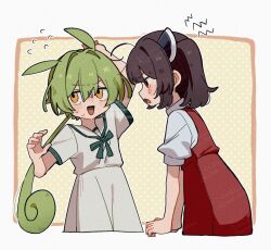 Rule 34 | 2girls, :d, :o, ahoge, animal ears, arm up, blush stickers, border, bow, bowtie, brown hair, commentary request, corn kuten, cropped legs, dress, flying sweatdrops, green bow, green bowtie, green hair, hair between eyes, headgear, long hair, looking at another, multiple girls, open mouth, outline, outside border, pinafore dress, polka dot, polka dot background, ponytail, red dress, red eyes, short hair, short sleeves, sleeveless, sleeveless dress, smile, touhoku kiritan, voiceroid, voicevox, watermark, white border, white dress, white outline, yellow background, yellow eyes, zundamon