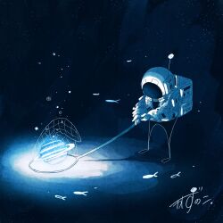 1other absurdres artist_name astronaut backpack bag butterfly_net commentary fish flying_fish full_body gloves glowing hand_net helmet highres holding holding_butterfly_net kazunoko_(kazunoko_zunoco) original other_focus planet planetary_ring radio_antenna signature solo space_helmet spacesuit standing star_(symbol) white_gloves