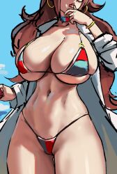 1girl android_21 bikini blue_bikini bracelet breasts brown_hair bursting_breasts coat covered_erect_nipples cowboy_shot dragon_ball dragon_ball_fighterz earrings eu03 female_focus glasses hidden_face hoop_earrings huge_breasts jewelry lab_coat large_breasts long_hair micro_bikini multicolored_bikini navel o-ring o-ring_bikini open_clothes open_coat open_mouth red_bikini sketch skindentation solo string_bikini swimsuit teeth thick_thighs thigh_gap thighs tongue tongue_out two-tone_bikini upper_teeth_only veins veiny_breasts very_long_hair