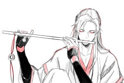 Rule 34 | 1boy, black sleeves, chinese clothes, closed mouth, collarbone, dizi, eyelashes, flute, gem, hair down, half updo, hands up, holding, holding flute, holding instrument, instrument, knee up, long hair, long sleeves, looking at viewer, male focus, modao zushi, monochrome, music, official alternate hairstyle, parted bangs, playing flute, playing instrument, sidelocks, simple background, sitting, sketch, solo, spot color, tassel, transverse flute, upper body, wei wuxian, wei wuxian (yiling laozu), white background, wide sleeves, ykmr (haga)