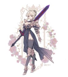 1girl artoria_pendragon_(fate) black_dress blonde_hair boots breasts cleavage dress excalibur_morgan_(fate) fate_(series) flower full_body high_heel_boots high_heels holding holding_sword holding_weapon large_breasts lemon89h long_sleeves looking_at_viewer rococo_movement rose saber_alter side_slit solo sword thighhighs weapon yellow_eyes