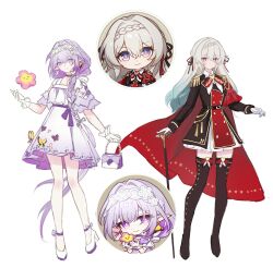 2girls aqua_hair bag black_boots black_hairband boots cane cape castorice_(honkai:_star_rail) chibi closed_mouth dress firefly_(honkai:_star_rail) firefly_(vision)_(honkai:_star_rail) flower full_body gloves gradient_hair grey_hair hairband handbag high_heels highres holding holding_bag holding_cane honkai:_star_rail honkai_(series) long_hair long_sleeves military_uniform multicolored_eyes multicolored_hair multiple_girls official_alternate_costume official_art_inset pointy_ears purple_eyes purple_hair shoes short_sleeves simple_background sketch smile standing thigh_boots two-tone_eyes unfinished white_background white_gloves white_shoes xnoahru