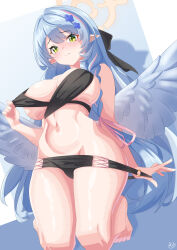 1girl absurdres angel_wings arada_(corsair_zero) bare_shoulders barefoot bikini black_bikini blue_archive blue_hair blush breasts cleavage green_eyes halo highres kneeling large_breasts long_hair looking_at_viewer mine_(blue_archive) navel pointy_ears solo swimsuit thighs wings