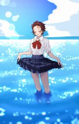 1girl black_skirt blue_sky blurry bokeh breasts brown_hair burn_scar closed_eyes cloud commentary_request contemporary depth_of_field earrings forehead genderswap genderswap_(mtf) grape_gogo hanafuda_earrings highres jewelry kamado_tanjirou kimetsu_no_yaiba lake lens_flare medium_breasts pleated_skirt russian_commentary scar scar_on_face scar_on_forehead school_uniform short_hair skirt skirt_hold sky solo wading