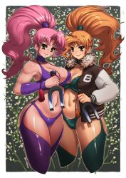 2girls artist_name big_hair blonde_hair border bra breasts brenda_(captain_commando) brown_eyes brown_jacket buttons captain_commando carol_(captain_commando) choker cleavage closed_mouth collarbone covered_erect_nipples cropped_legs fur-trimmed_jacket fur_trim garter_straps green_bra green_choker green_eyes green_pants green_thighhighs hashtag-only_commentary high_ponytail highres holding holding_weapon jacket kainan large_breasts letterman_jacket long_hair looking_at_viewer multiple_girls narrow_waist navel open_clothes open_jacket outside_border panties pants pink_hair plant ponytail purple_bra purple_choker purple_panties purple_thighhighs smile tassel thick_thighs thighhighs thighs underwear weapon white_border wide_hips