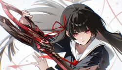 1girl arm_cutout black_hair black_shirt bright_pupils chisa_(wuthering_waves) commentary floating_hair hair_ribbon highres holding holding_sword holding_weapon long_hair long_sleeves looking_at_viewer red_eyes red_ribbon ribbon sailor_collar shirt solo sword tacet_mark_(wuthering_waves) uxien very_long_hair weapon white_pupils white_sailor_collar wuthering_waves