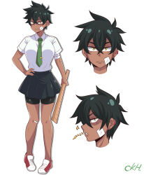 bandaid black_hair black_skirt highres legs ruler school_uniform shiny_skin shirt shoes short_hair shorts skirt tomboy