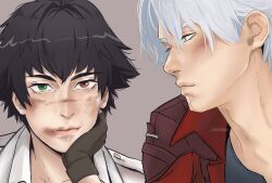 1boy 1girl artist_name black_hair black_shirt blue_eyes brown_gloves coat dante_(devil_may_cry) devil_may_cry_(netflix) devil_may_cry_(series) dirty dirty_face gloves green_eyes heterochromia highres jacket jumpoon lady_(devil_may_cry) red_coat red_eyes shirt simple_background white_hair white_jacket