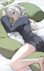 1girl absurdres barefoot black_shirt blue_archive breasts commentary_request commission dakimakura_(object) feet from_tonkatu hare_(blue_archive) highres korean_commentary legs long_hair long_sleeves looking_at_viewer lying on_side parted_lips pillow purple_eyes second-party_source shirt skeb_commission solo thighs