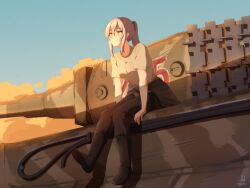 1girl alvin_art15 bird black_pants boots breasts clothes_around_waist cloud collarbone grey_hair highres jacket jacket_around_waist jewelry long_hair looking_to_the_side medium_breasts military military_vehicle motor_vehicle necklace original pants ponytail shirt sidelocks sitting sky smile t-shirt tank tiger_i world_war_ii yellow_eyes