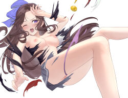 Rule 34 | 1girl, arm up, black jacket, blush, bow, breasts, brown hair, cleft of venus, commentary request, commission, denim, exploding clothes, feet out of frame, fingernails, floating, floating hair, grey skirt, hair bow, hand on own forehead, highres, jacket, jeans, long hair, looking ahead, medium breasts, miniskirt, nipples, one eye closed, open mouth, panties, pants, parted bangs, pixiv commission, pleated skirt, purple bow, purple eyes, pussy, shoujo kageki revue starlight, shroomia, simple background, single stripe, skirt, solo, striped clothes, striped skirt, tendou maya, torn clothes, torn jeans, torn panties, torn pants, torn skirt, torn sleeves, uncensored, underwear, v-shaped eyebrows, very long hair, white background