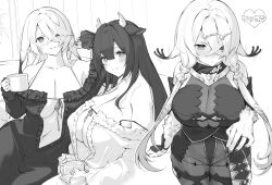 2girls alternate_costume animal_ears atelier_(series) atelier_ryza atelier_ryza_2 azur_lane bare_shoulders black_nails black_nightgown blush bodystocking breasts cleavage closed_mouth collarbone commentary_request cow_ears cow_girl cow_horns cowboy_shot crossed_bangs cup dual_persona fingernails frilled_nightgown fur hair_between_eyes hair_ornament hair_over_one_eye hairclip heart heart-shaped_pupils heterochromia holding holding_cup horns jewelry kashino_(azur_lane) large_breasts lila_decyrus lila_decyrus_(moonlit_encounter) long_hair looking_at_viewer low_twintails monochrome multiple_girls navel nightgown off_shoulder official_alternate_costume parted_lips piwka ring sharp_fingernails sidelocks sitting smile standing stomach symbol-shaped_pupils twintails very_long_hair wedding_ring