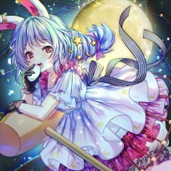 1girl :d animal_ears arm_rest black_gloves bloomers blue_dress blue_hair blurry blush bokeh collarbone crescent_print depth_of_field dress feet_out_of_frame food full_moon gloves hair_ribbon here_(hr_rz_ggg) highres kine layered_dress long_hair looking_at_viewer mallet mochi moon open_mouth purple_ribbon rabbit_ears red_eyes revision ribbon seiran_(touhou) smile solo sparkle star_(symbol) star_print striped_ribbon teeth touhou underwear upper_teeth_only wide_sleeves