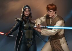 1boy 1girl absurdres ben_skywalker birdyraider black_bodysuit black_cape black_gloves black_hood blue_lightsaber bodysuit breasts brown_bodysuit brown_eyes brown_hair cape energy_sword facial_mark gloves green_eyes highres holding holding_sword holding_weapon jedi lightsaber long_hair looking_at_viewer medium_breasts red_lightsaber reverse_grip short_hair sith star_wars sword two-tone_bodysuit vestara_khai weapon