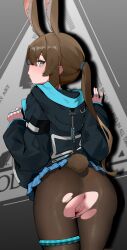 1girl @_@ absurdres amiya_(arknights) animal_ears anus aqua_eyes arknights ass black_jacket blue_skirt blush brown_hair brown_pantyhose cleft_of_venus commentary_request cowboy_shot from_behind hei_tudou highres hood hood_down hooded_jacket infection_monitor_(arknights) jacket jewelry long_hair long_sleeves looking_at_viewer looking_back miniskirt multiple_rings open_mouth pantyhose pleated_skirt ponytail puffy_long_sleeves puffy_sleeves pussy rabbit_ears rabbit_girl rabbit_tail ring skirt solo tail torn_clothes torn_pantyhose