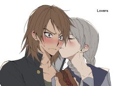 2boys blue_sailor_collar blush braid brown_eyes brown_hair closed_eyes ear_blush english_text gakuran grey_hair highres hijiyama_takatoshi juusan_kihei_bouei_ken kasukasugom1 licking licking_another&#039;s_cheek licking_another&#039;s_face long_hair male_focus medium_hair multiple_boys okino_tsukasa sailor_collar school_uniform serafuku shirt simple_background tongue tongue_out trap twin_braids upper_body white_background white_shirt wide-eyed yaoi